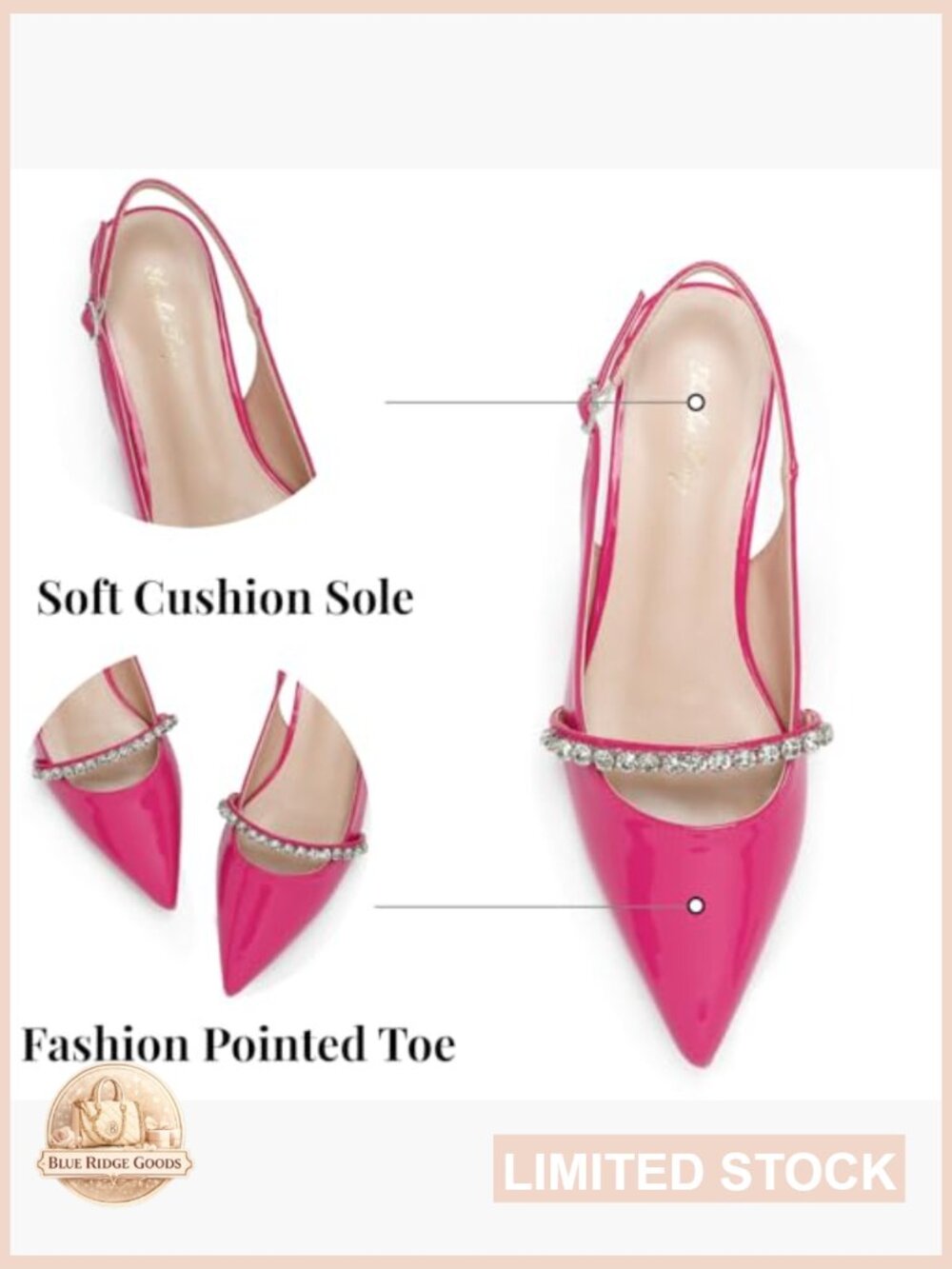 Slingback Rhinestone Pointed Toe Flats with Cushioned Insole - Picture 3 of 7
